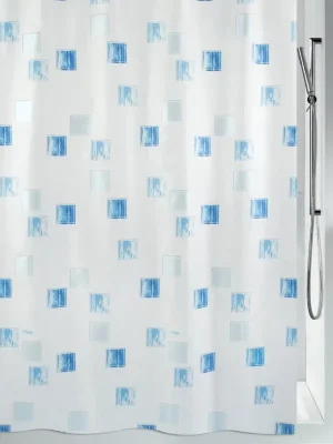 Výprodej Spirella sprchový závěs MILANO, motiv čtverců, bílo-modrý, 180 x 200 cm, polyester