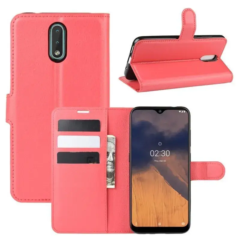 Nejlepší Cena Litchi PU kožené peněženkové pouzdro na mobil Nokia 2.3 - červené