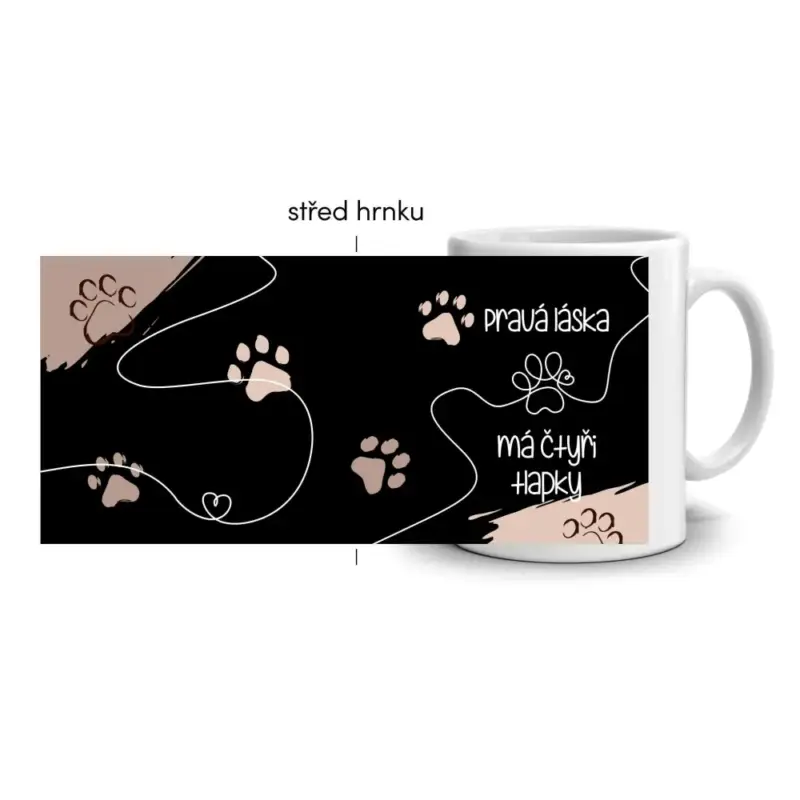 Bílý keramický hrnek 330ml s obrázkem - láska má čtyři tlapky (tmavý motiv) Výprodej