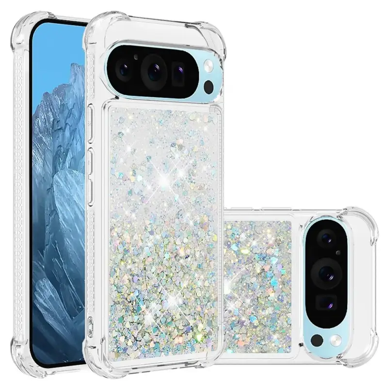 Glitter přesýpací gelový obal na Google Pixel 10 Pro XL - stříbrný/srdíčka Levný