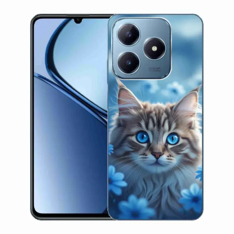 Gelový kryt mmCase na Realme C63 - koťátko v modrých květech Finální Výprodej
