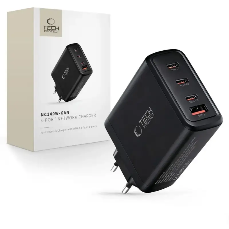 Bezpečná Platba Tech-Protect NC140W-GAN 4-portová nabíječka PD140W/QC3.0 - černá