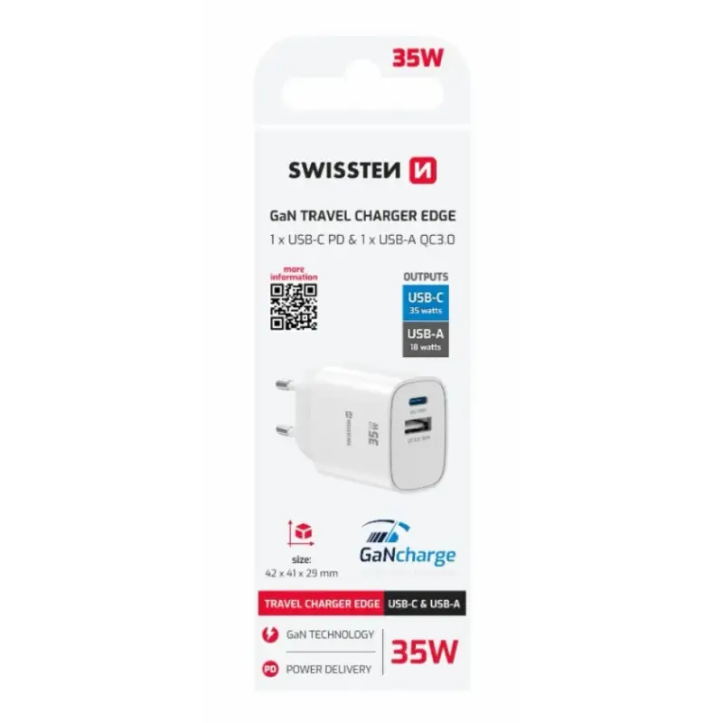 SWISSTEN síťový adaptér edge GaN 1x USB-C PD 35W + 1x USB-A 18W QC - bílý Nakupujte Hned