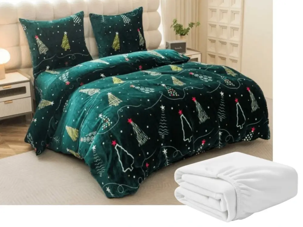 Nejlepší Cena Sada mikroplyšového povlečení CHRISTMAS DRIFT zelené + prostěradlo mikroplyš SOFT 180x200 cm bílé, dvoulůžko